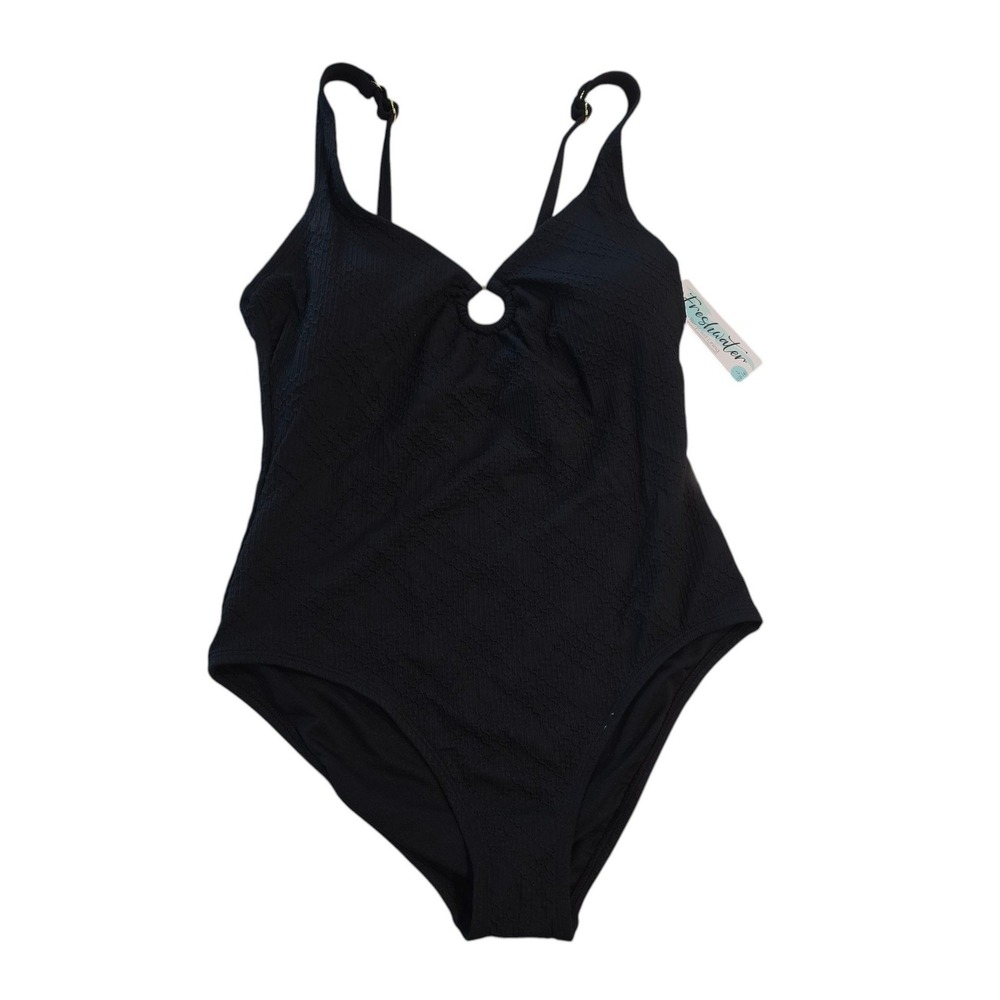 Freshwater Womens One Piece Swimsuit Black Textured O-Ring Adjustable Straps L